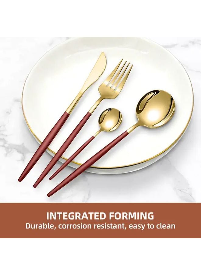 Golden Red Handle Cutlery 4 Piece Set Stainless Steel Knife Fork Spoon - Image 4